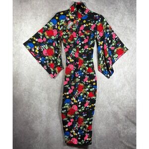 Nuvula Bodycon Dress Womens Size Small Black Floral Kimono Sleeve Cut Out Artsy